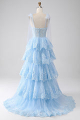 Dark Blue Ruffled Tiered Lace A-Line Long Prom Dress