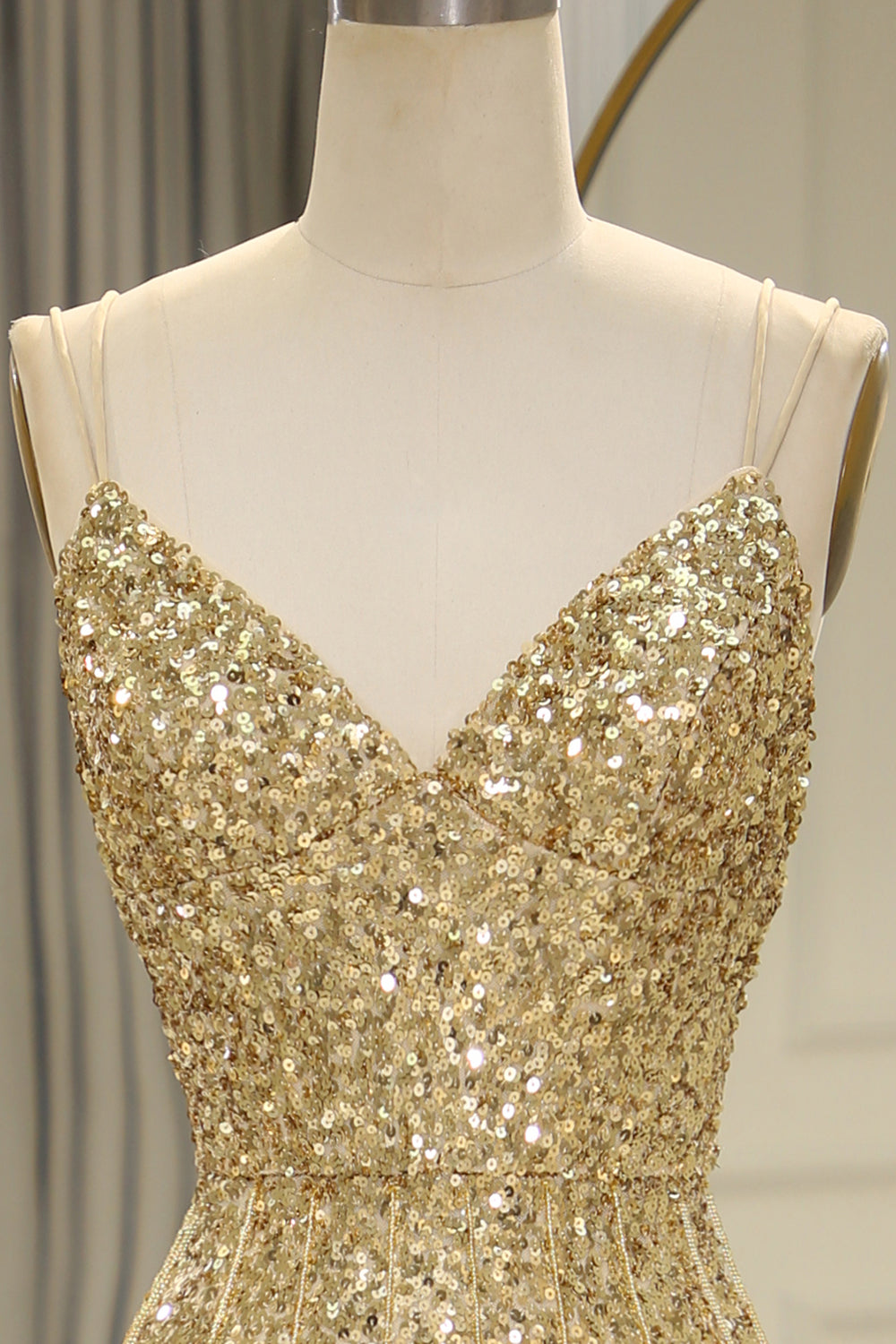 Sparkly Golden Mermaid Backless Long Prom Dress With Slit