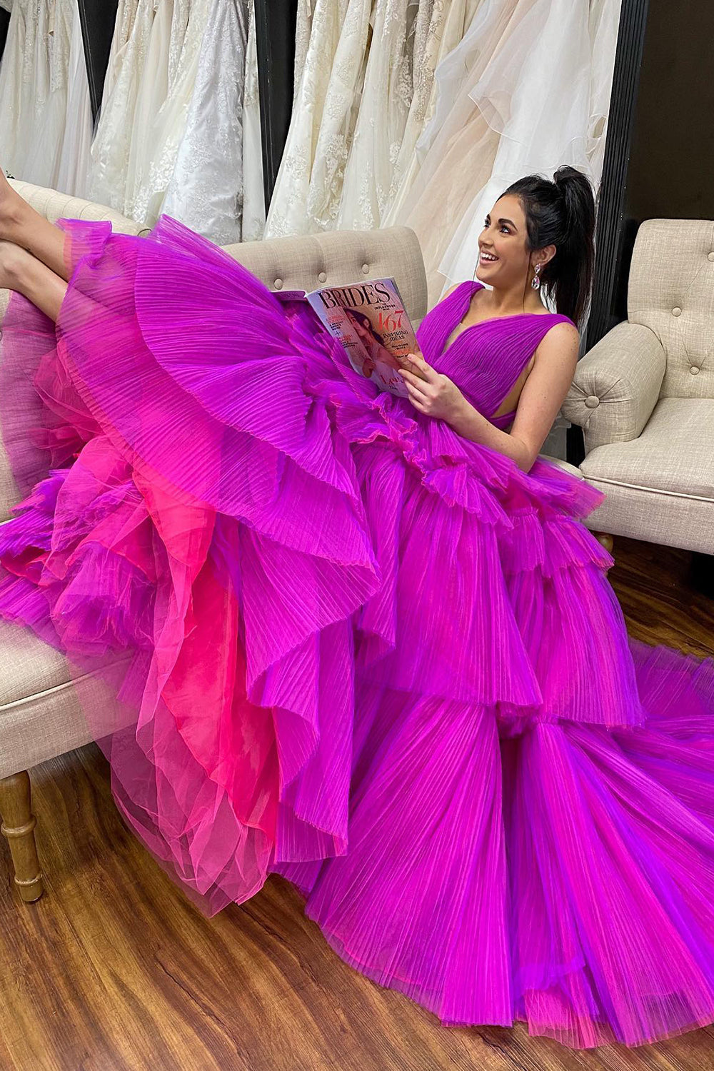 Purple Tiered Tulle A-Line Prom Dress