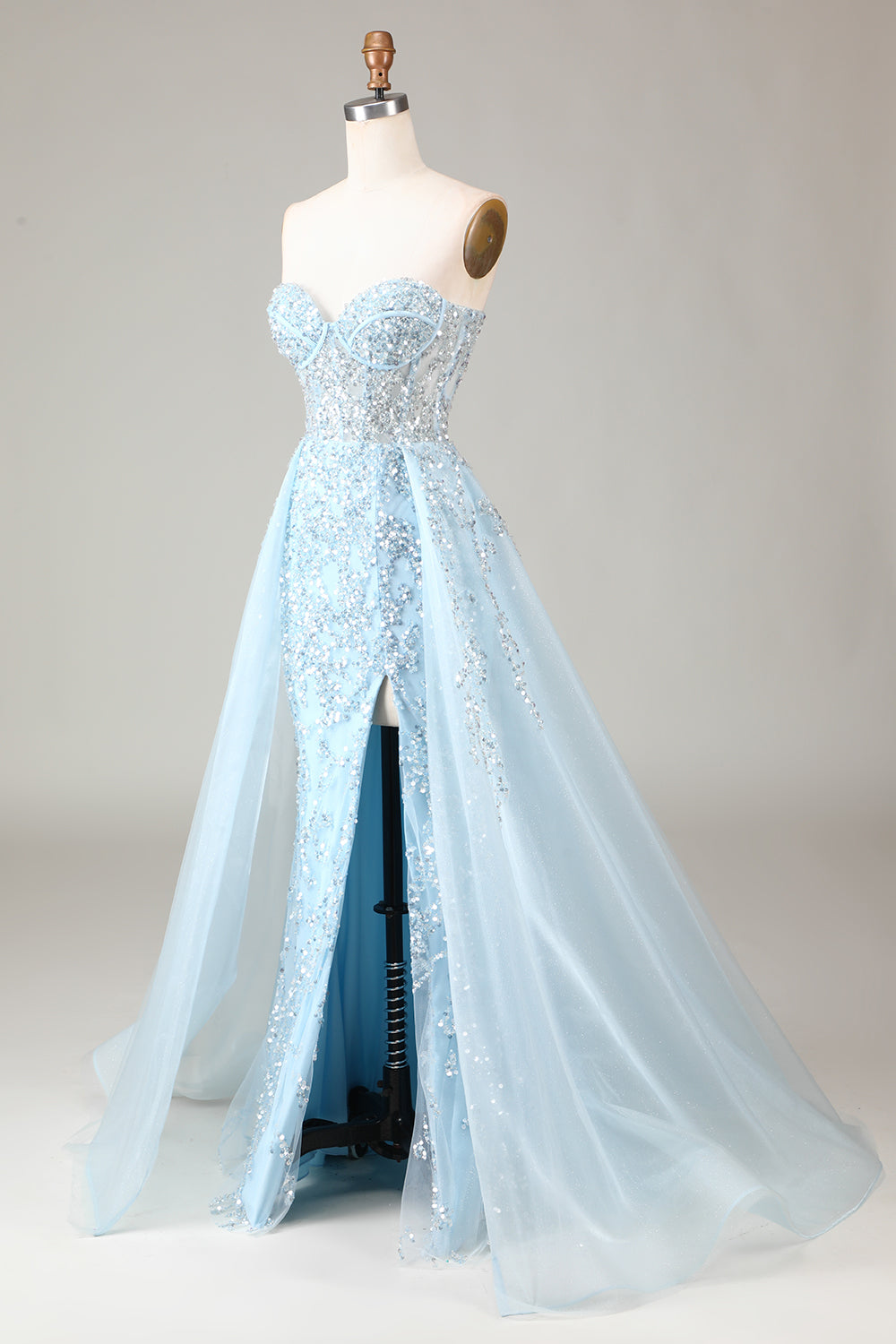 Light Blue Beaded Long Prom Dress With Slit