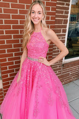 Pink Halter Long Prom Dress With Appliques