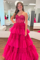 Glitter Fuchsia Tulle Tiered Corset Long Prom Dress with Lace