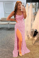 Mermaid Glitter Sequins Sexy Hot Pink Backless Long Prom Dress