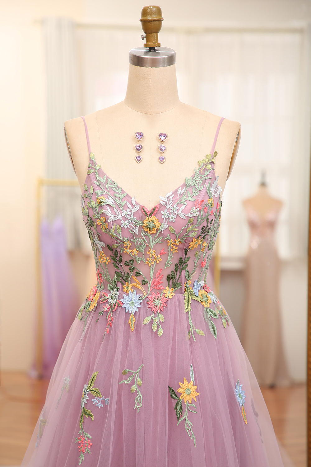 Mauve A Line Tulle Beaded Appliques Long Prom Dress With Front Slit