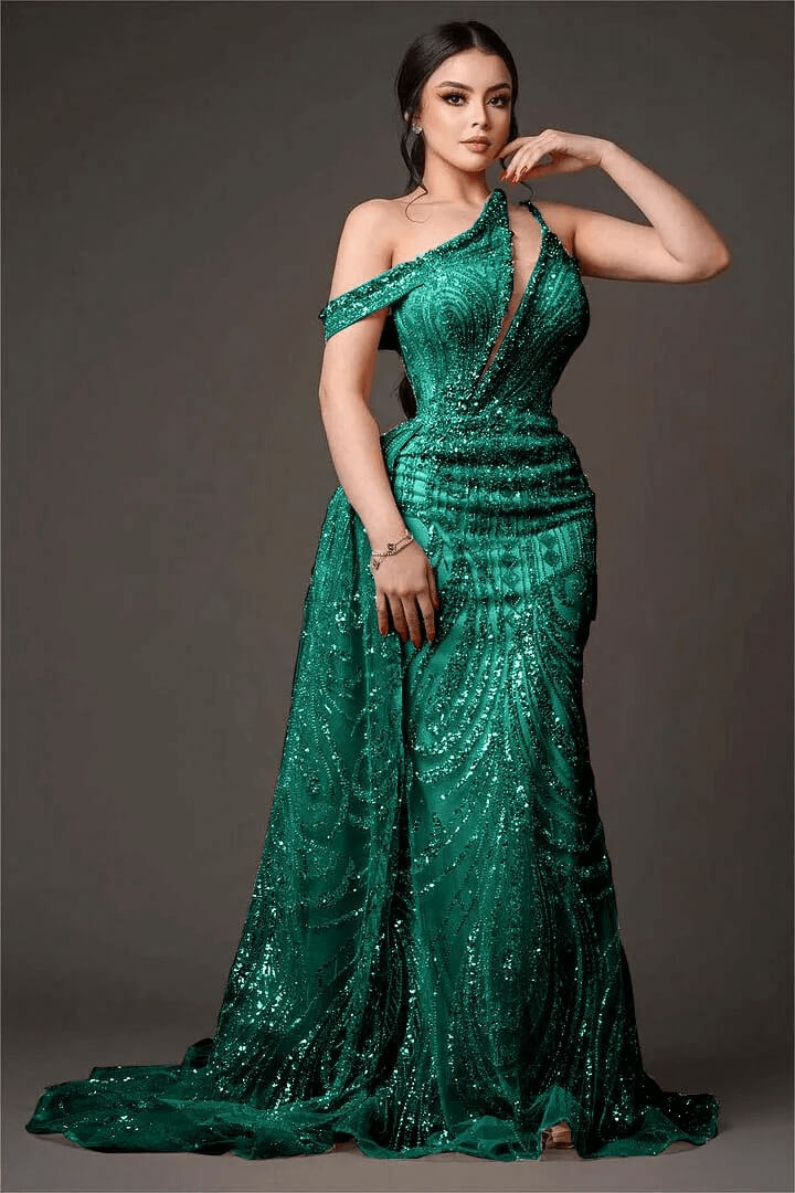Champagne Mermaid Prom Dress Asymmetric Neck Beaded Evening Dress