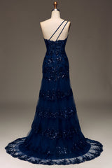 Glitter Dark Navy Tulle Long Corset Prom Dress With Appliques