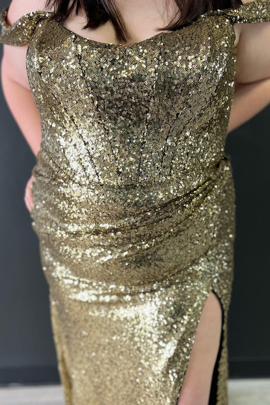 Plus Size Golden Off Shoulder Mermaid Prom Dress with Slit