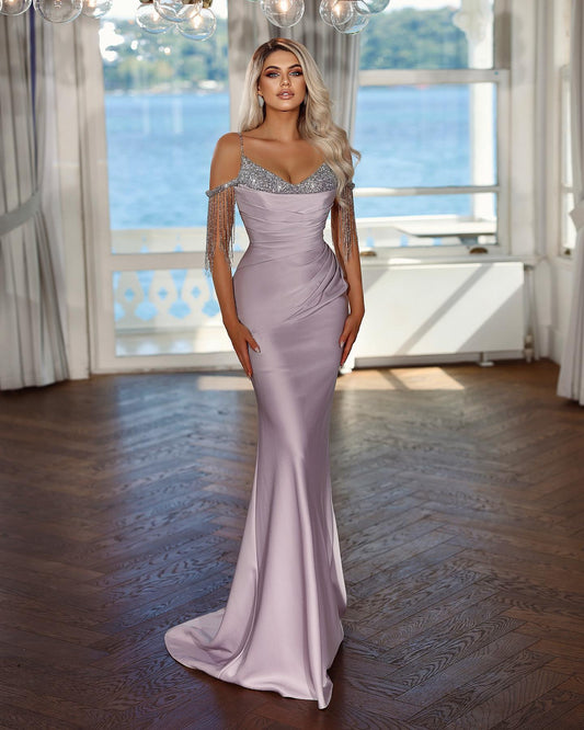 Elegant Lavender Long Evening Dress Prom Dress Spaghetti Strap with Pleated Sequins Tassel