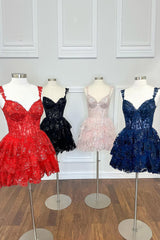 Red Tiered Graduation Dress Corset Sleeveless Short Cocktail Dress