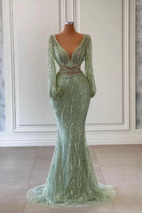 Light Green V-Neck Mermaid Evening Dress Long Sleeves with Sequins and Beads