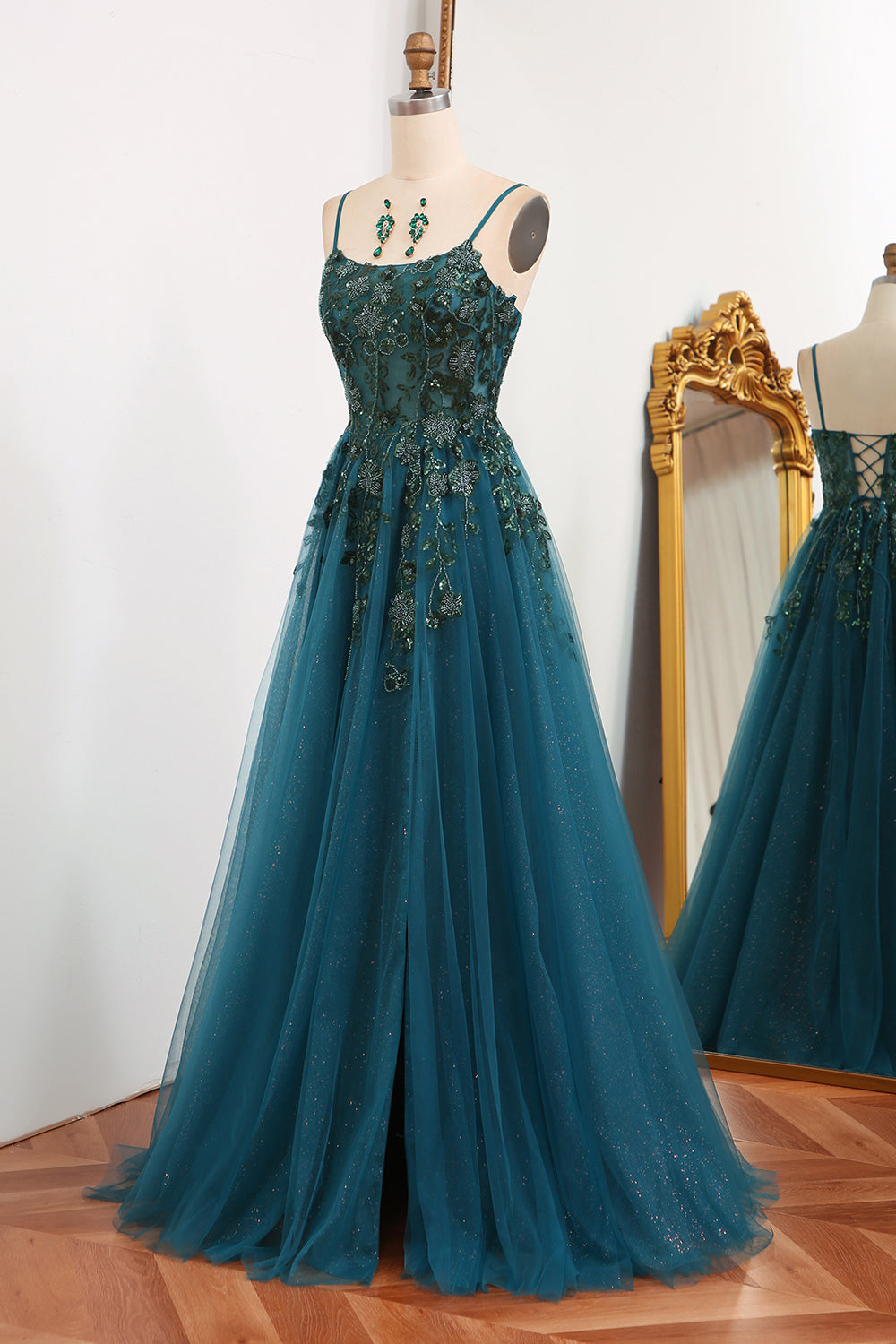 Dark Green A Line Tulle Long Appliqued Prom Dress With Slit