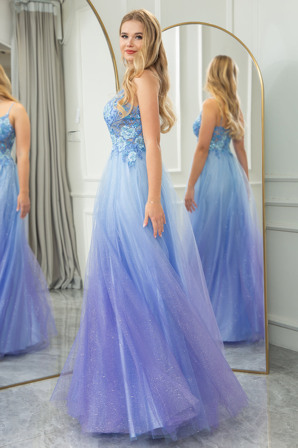 Glitter A Line Tulle Long Prom Dress With Appliques