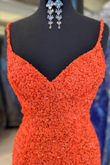 Orange Sparkly Mermaid V Neck Sequins Long Prom Dress