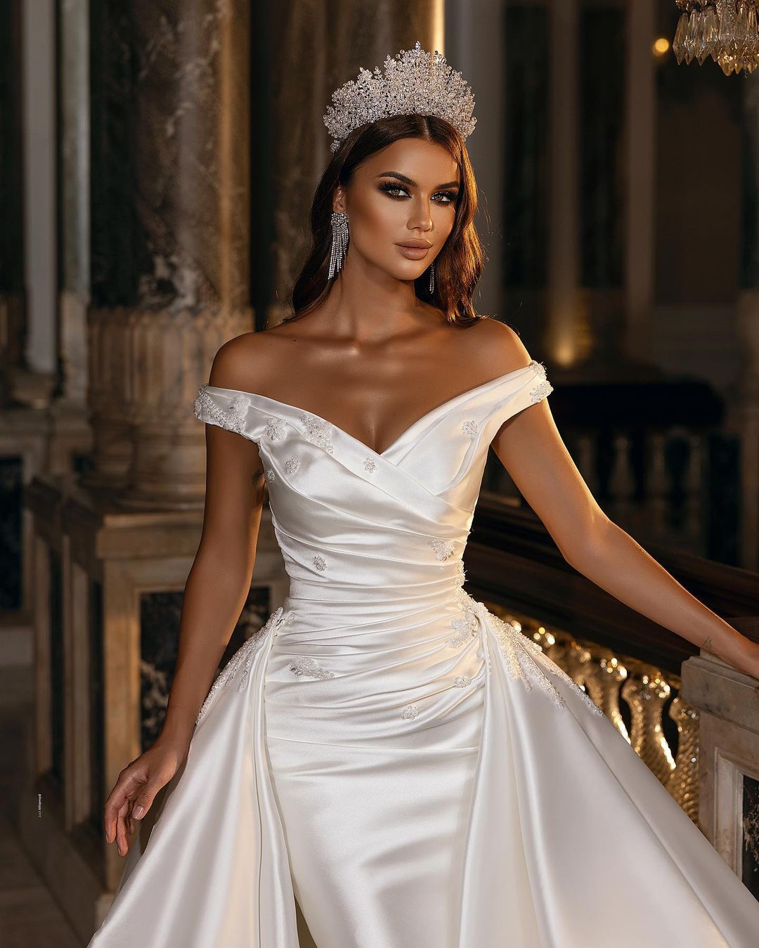 A-Line Off-the-Shoulder Sweetheart Backless Satin Wedding Dress with Ruffles and Appliques