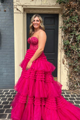 Sparkly Fuchsia Tulle Tiered Corset Long Prom Dress with Lace