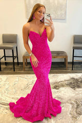 Fuchsia Sweetheart Neck Sequined Mermaid Prom Dress With Sweep Train