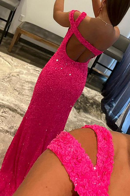 Fuchsia One Shoulder Sequins Prom Dress