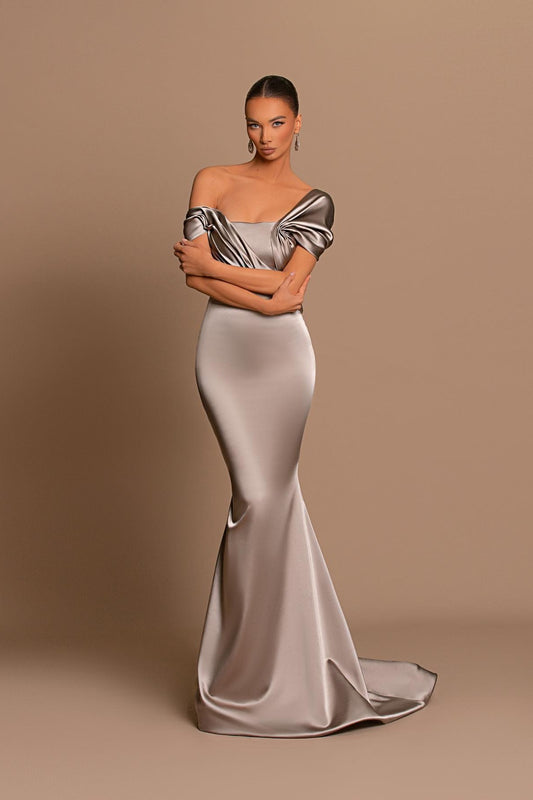 Grey Off-The-Shoulder Bateau Pleated Ball Gown Evening Dress