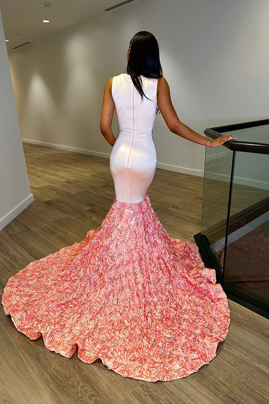 Elegant Pink Evening Dress Long with Sequins, Flowers, and V Neck Tulle