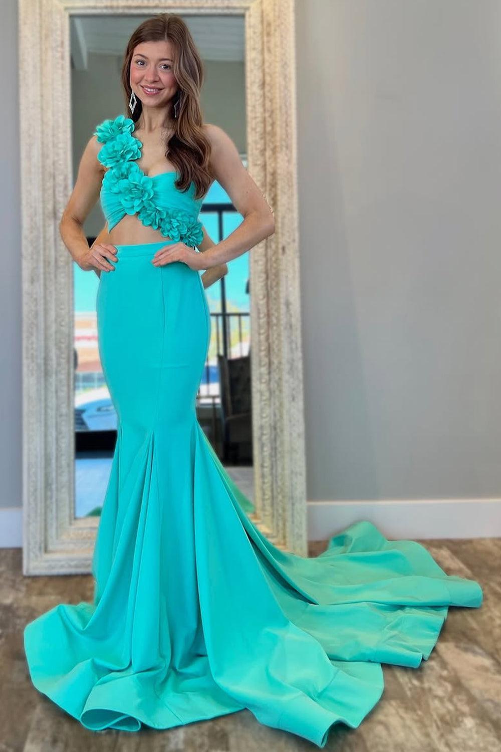 3D Floral Aqua Mermaid One Shoulder Cutout Waist Prom Dress Formal Evening Gown