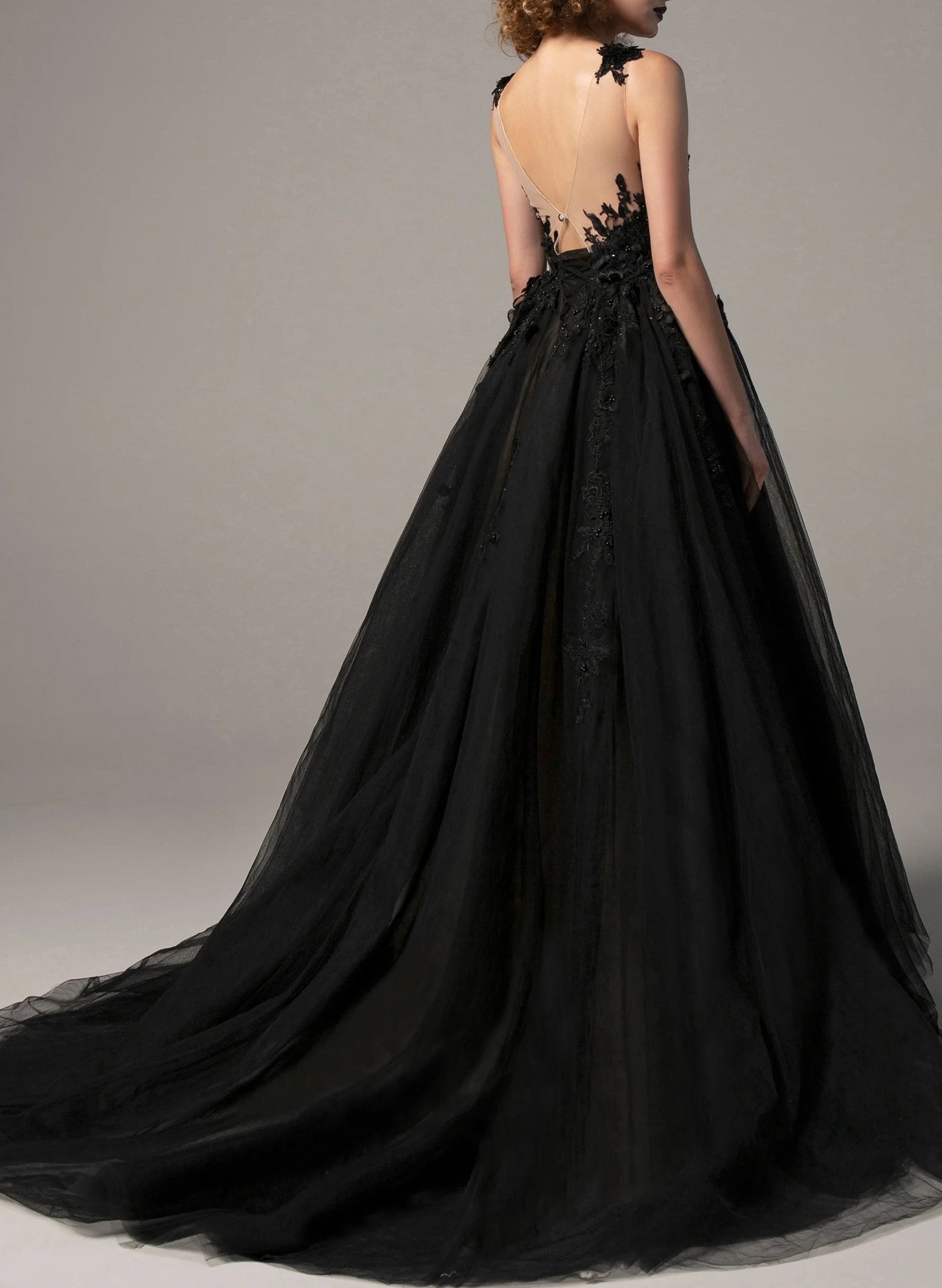 3D Floral Black Ball-Gown Wedding Dress