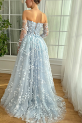 3D Flowers Pink Prom Dress Off The Shoulder Sleeves Formal Dress With Overskirt