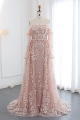 3D Flowers Pink Prom Dress Off The Shoulder Sleeves Formal Dress With Overskirt