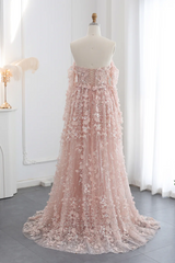 3D Flowers Pink Prom Dress Off The Shoulder Sleeves Formal Dress With Overskirt