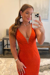 Mermaid Deep V Neck Orange Long Prom Dress with Beading