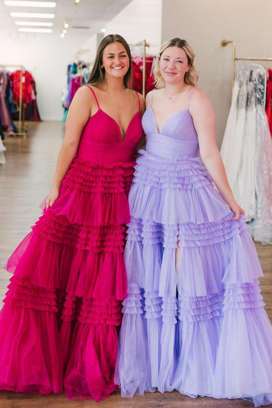 Fuchsia Tulle Spaghetti Straps Long Prom Dress