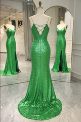 Glitter Dark Green Mermaid Backless Long Prom Dress With Slit