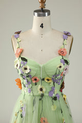 Green Spaghetti Straps Prom Dress With 3D Flowers