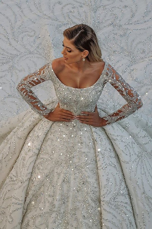 Long Ball Gown Satin Off-the-Shoulder Backless Wedding Dress with Crystal and Sequins