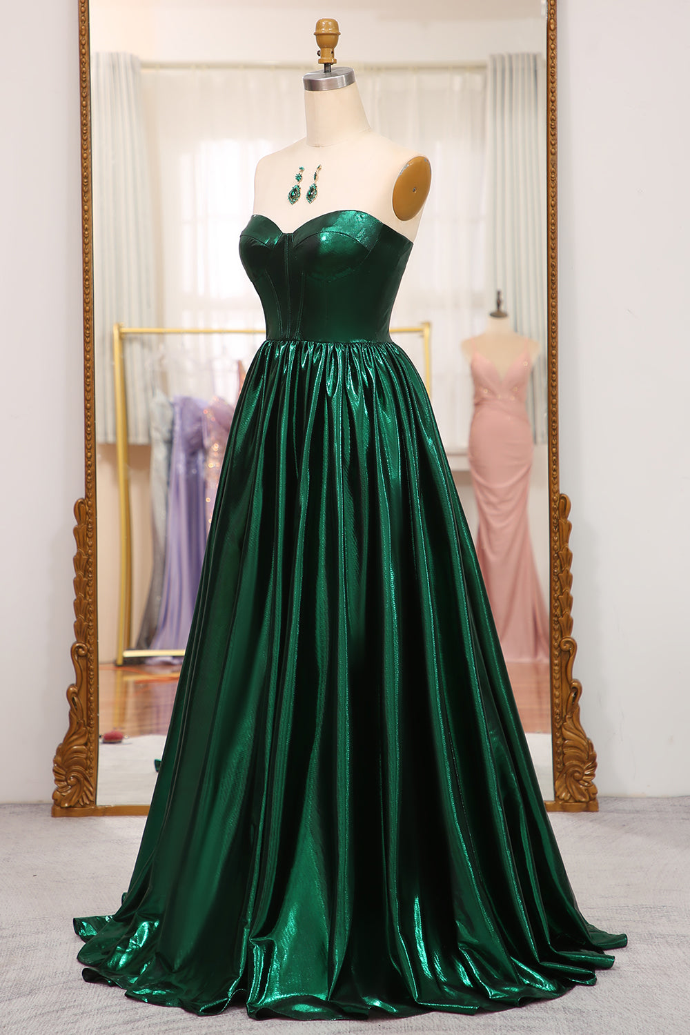 Sparkly Dark Green A Line Strapless Long Pleated Prom Dress