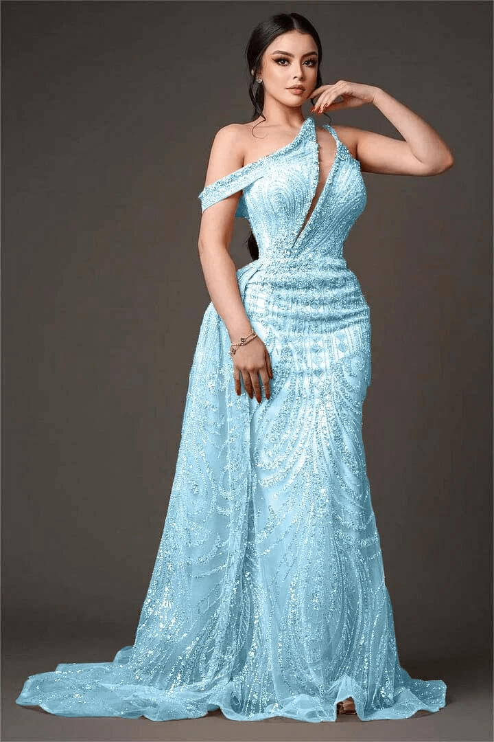 Champagne Mermaid Prom Dress Asymmetric Neck Beaded Evening Dress