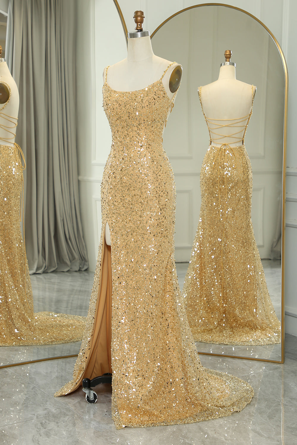 Sparkly Golden Mermaid Backless Long Prom Dress With Slit