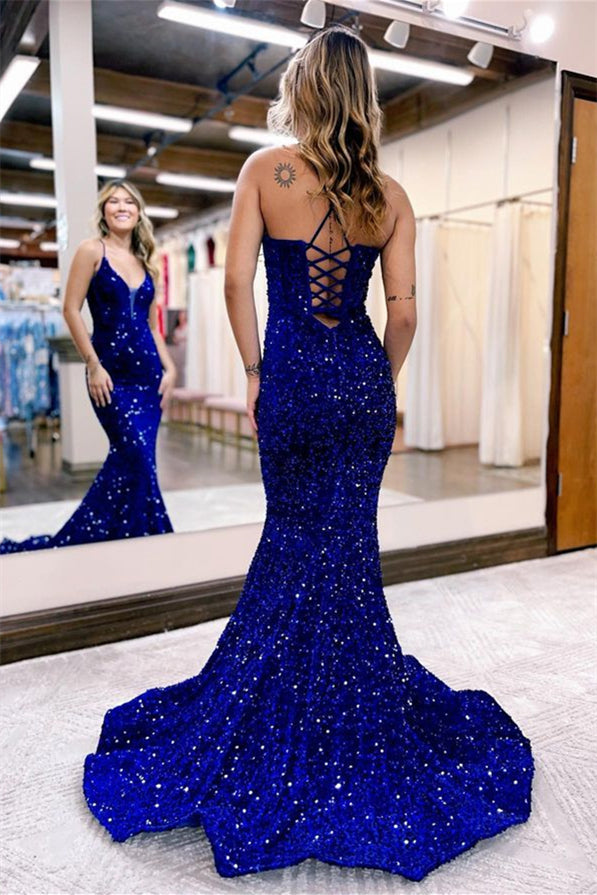 Royal Blue Sequins Spaghetti Strap Long Mermaid Evening Dress