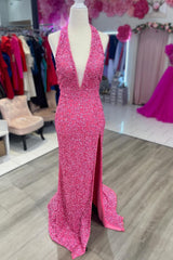 Sparkly Fuchsia Mermaid Halter Backless Long Sequins Prom Dress with Slit