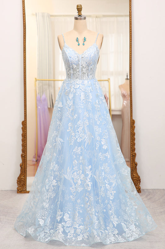 Sky Blue A Line Tulle Long Corset Prom Dress With Appliques