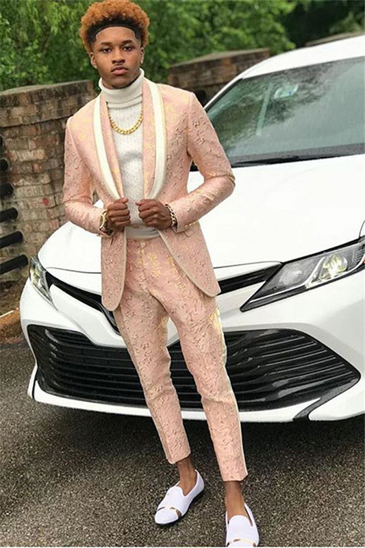 Soft Light Pink Shawl Lapel Jacquard Men's Prom Suit