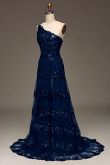 Glitter Dark Navy Tulle Long Corset Prom Dress With Appliques