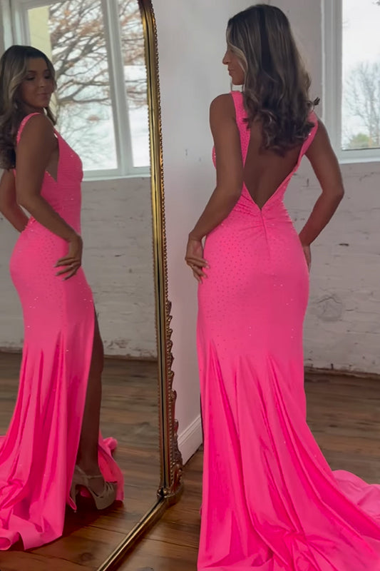 Sparkly Hot Pink Beaded Mermaid Long Prom Dress with Slit