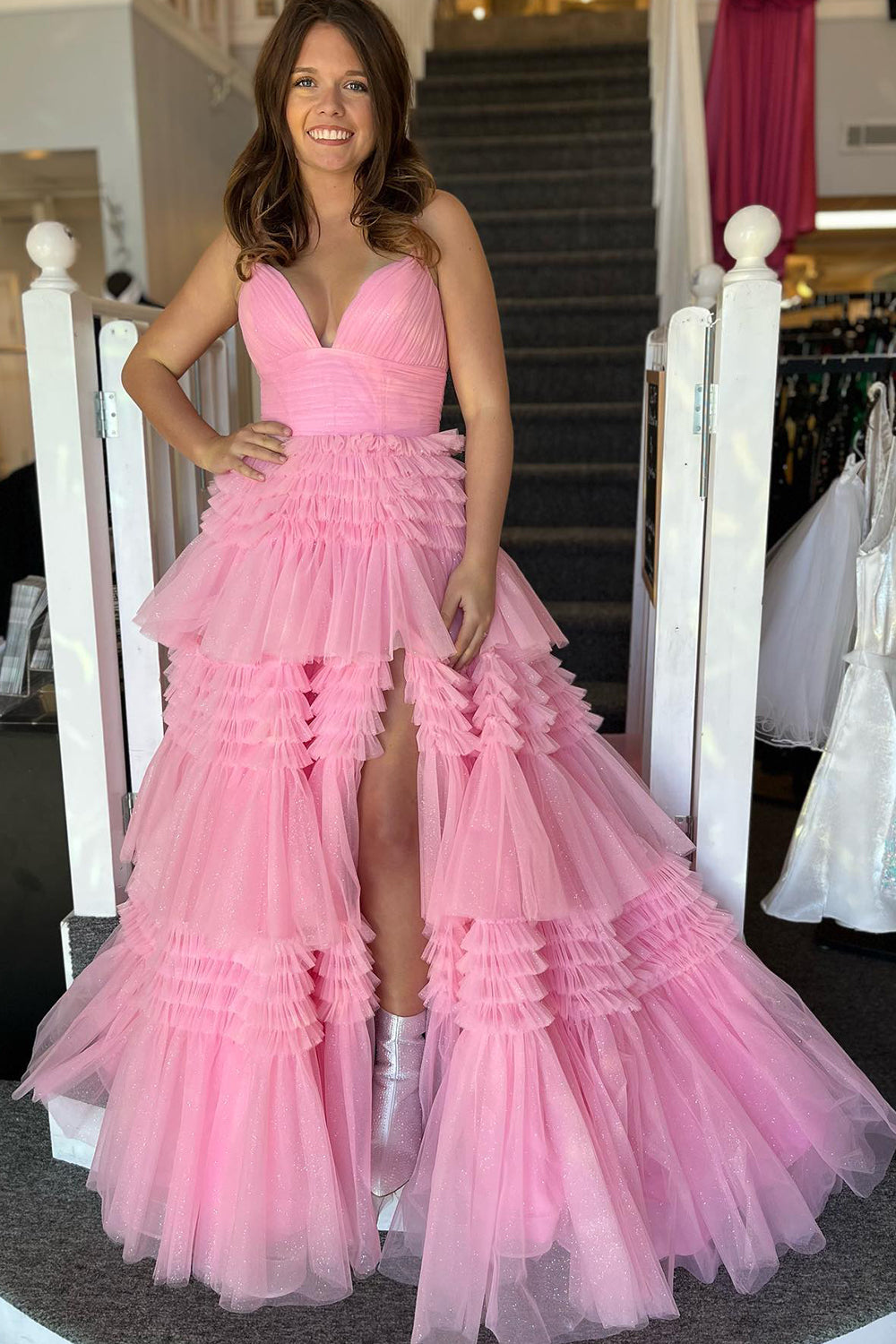 Beige Tulle Tiered Spaghetti Straps Long Prom Dress with Slit