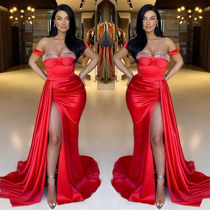 Red Split Mermaid Off-The-Shoulder Beadings Sweetheart Evening Dress Long with Ruffles