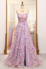 Mauve A Line Tulle Appliqued Long Prom Dress With Slit