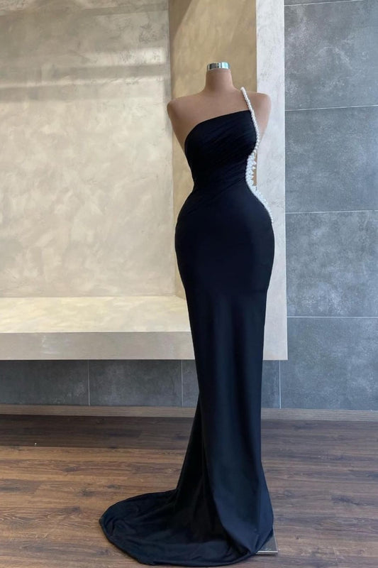 Black One Shoulder Mermaid Long Evening Dress with Pearl Beadings