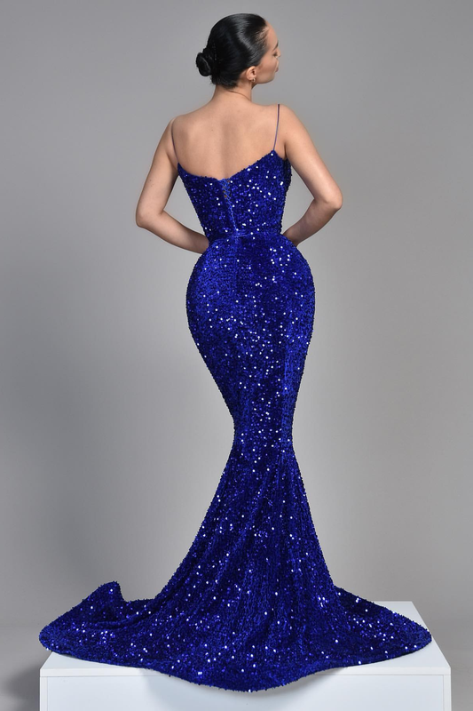 Royal Blue Sleeveless Spaghetti Strap Sequins Evening Dress