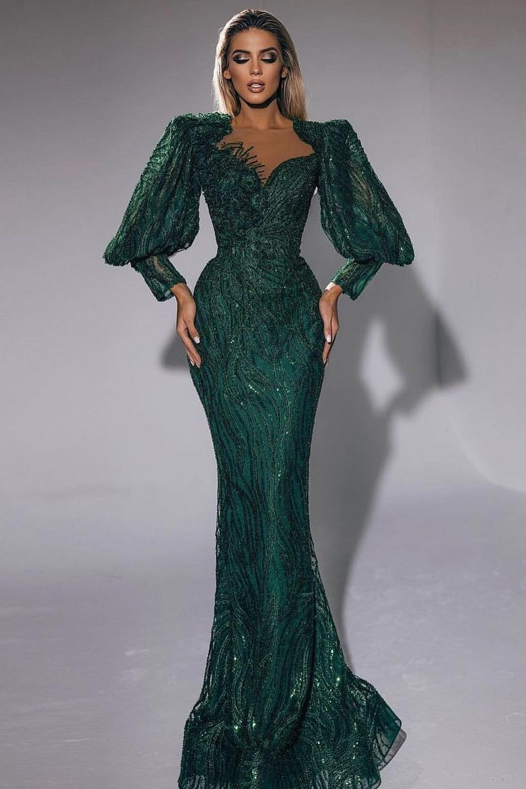 Dark Green Sweetheart Mermaid Evening Dress Long Sleeves with Sequins