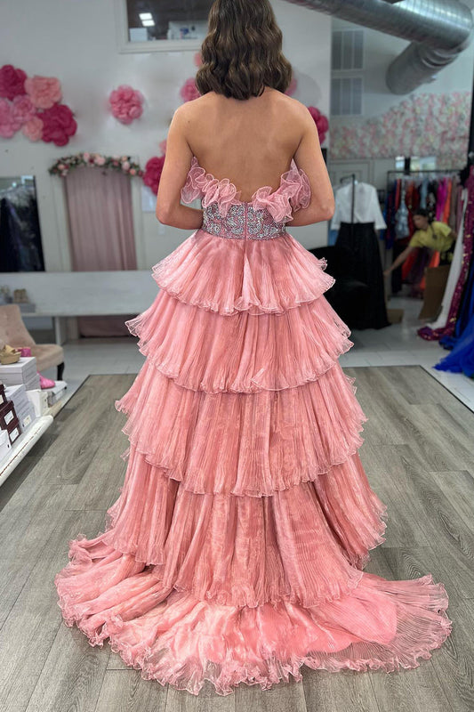 Glitter Blush A-Line Beaded Long Tulle Tiered Prom Dress with Ruffles