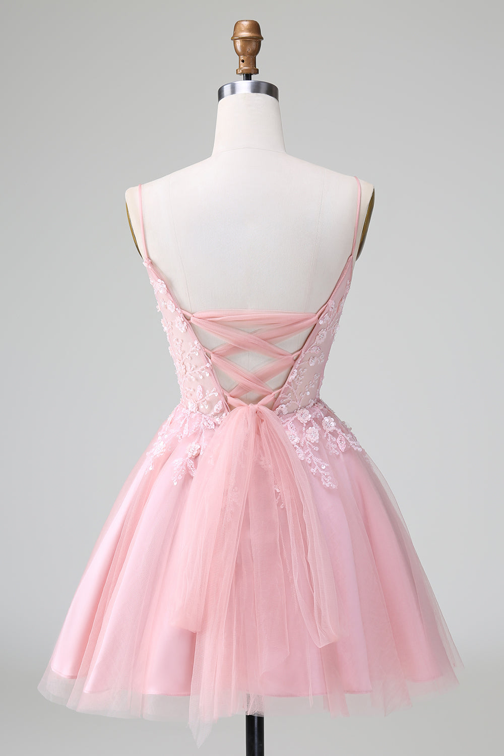 Blush Spaghetti Strap A-Line Tulle Short Homecoming Dress with Appliqu閼煎嵒